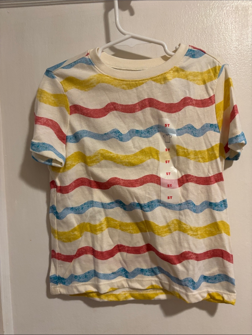 NWT 5T Old Navy White Short Sleeve Tee with Red, Blue & Yellow Wave Stripes